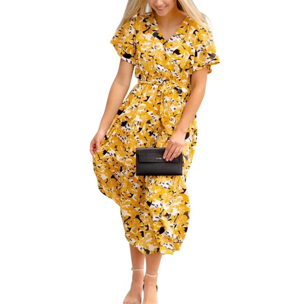 Hayden Los Angeles Floral Print Maxi Dress V-Neck Short Sleeve Yellow Women's L